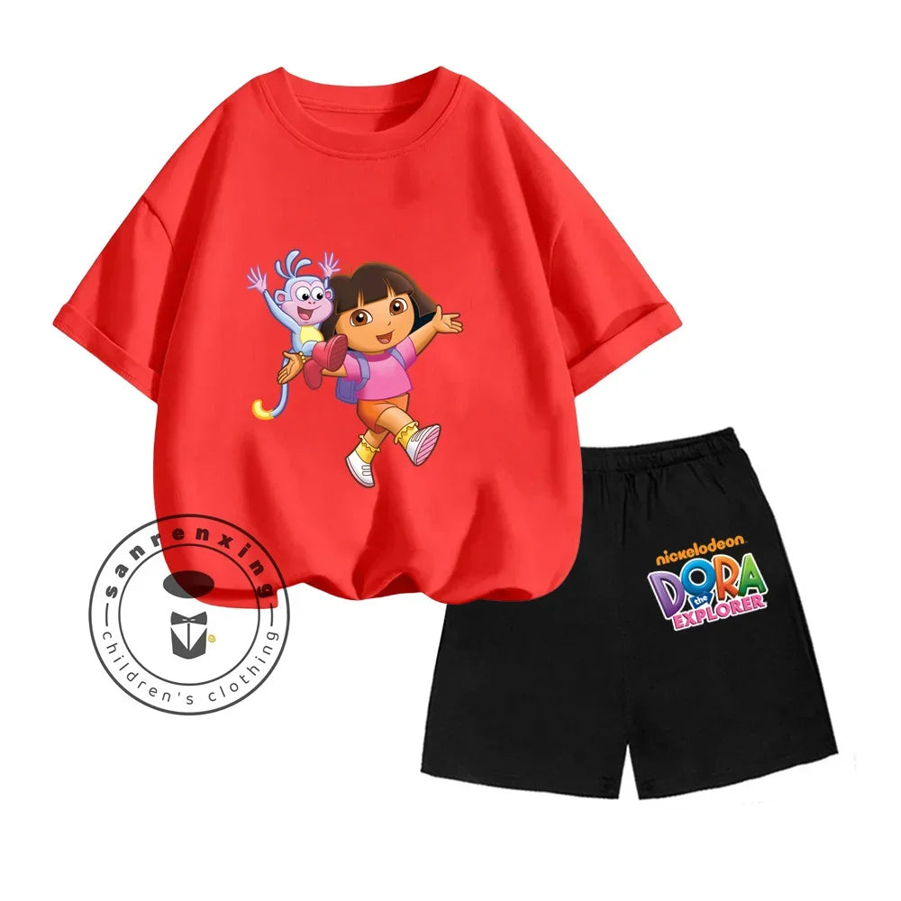 Dora The Explorer Animated Cartoon Print Design Classic O-neck Short Sleeve