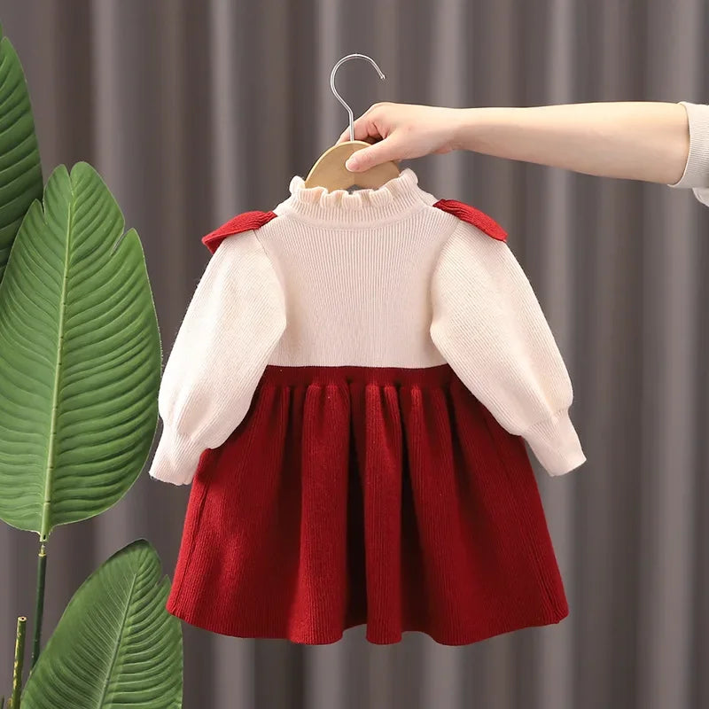 Baby Girl Clothes Knitted Winter Warm Children's Clothes White Lace Top Red Princess Dress Girl One-year-old Christmas Dress