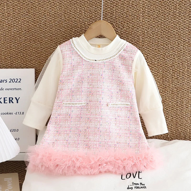 2024 Autumn Baby Girls Clothes 0-3Y Infant Plaid Mesh Patchwork Dress Toddler Sweet Outfit Girls Long Sleeve Princess Dresses