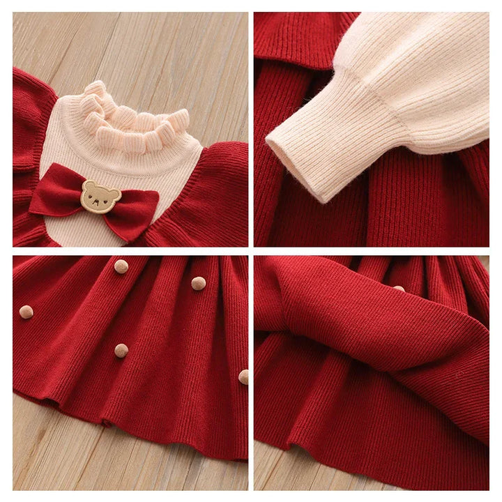 Baby Girl Clothes Knitted Winter Warm Children's Clothes White Lace Top Red Princess Dress Girl One-year-old Christmas Dress