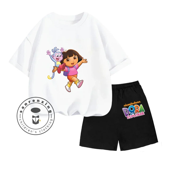 Dora The Explorer Animated Cartoon Print Design Classic O-neck Short Sleeve