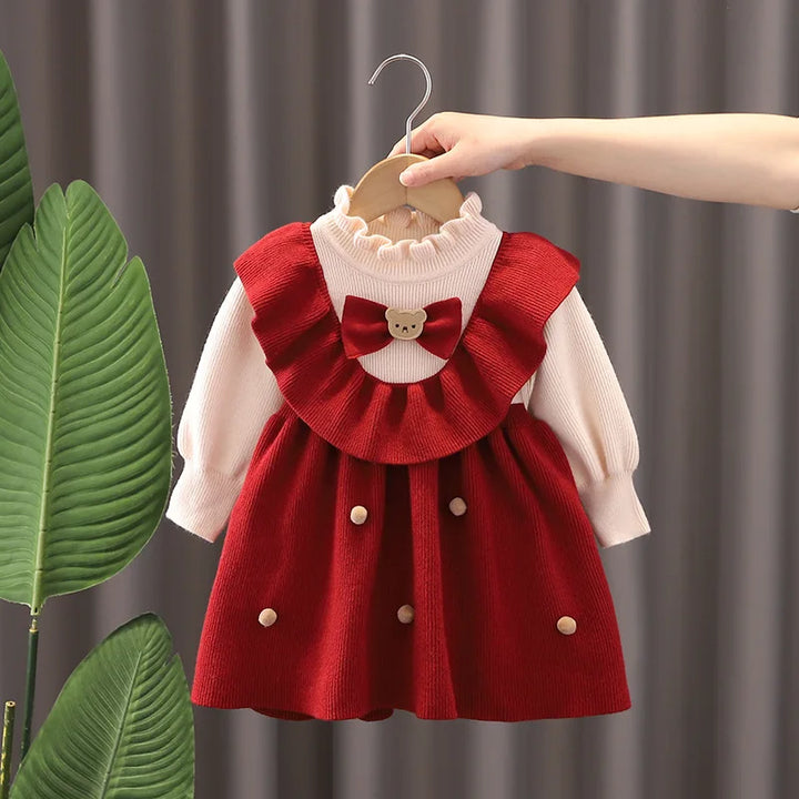 Baby Girl Clothes Knitted Winter Warm Children's Clothes White Lace Top Red Princess Dress Girl One-year-old Christmas Dress