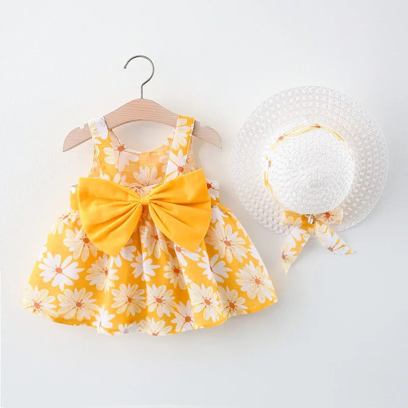 Summer Newborn Baby Clothes Toddler Girl Clothes Cotton Beach Suspender Dress+Sun Hat Princess Dresses2 Pcs