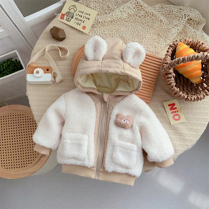 Jacket Cotton Bear Plush Infant Baby Hooded Overcoat Pocket Zipper