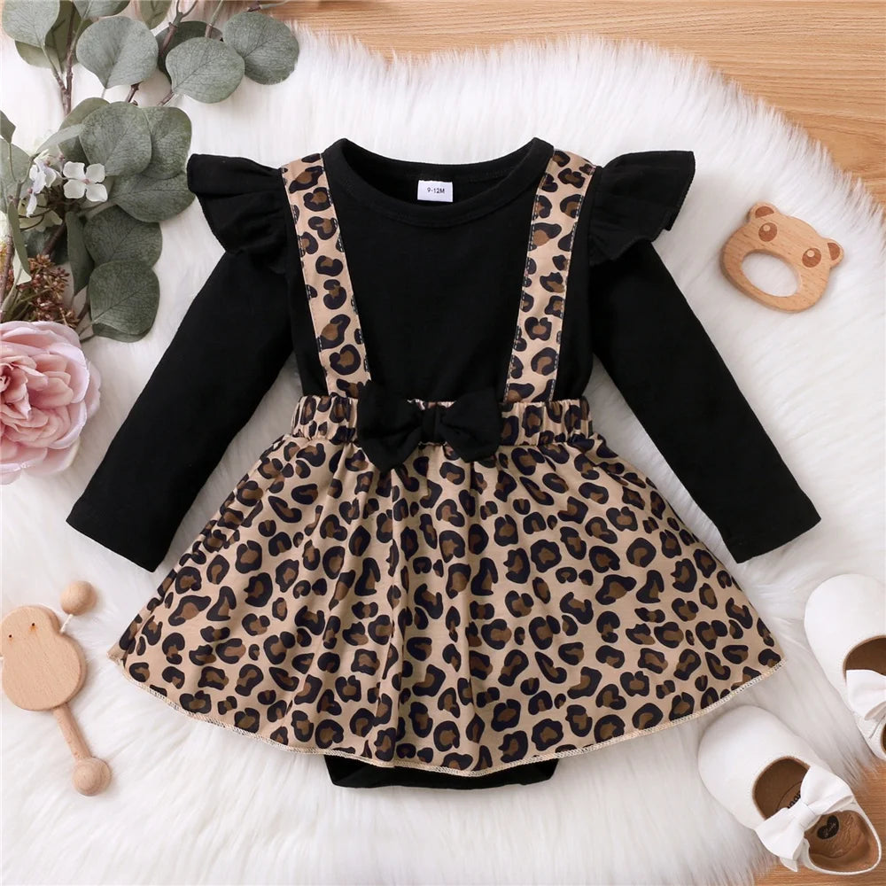 0-18Months Newborn Baby Girl Dress with Bow Long Sleeve Leopard Dresses Onesie Clothing Autumn Infant Fashion Cute Jumpsuit