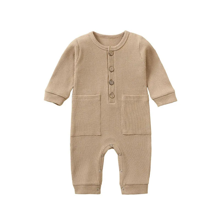 Spring Autumn Newborn Baby Romper Cotton Solid Soft Infant Jumpsuit With Pocket Girl Boy Long Sleeve Bebe Pajamas Wodden Buttons