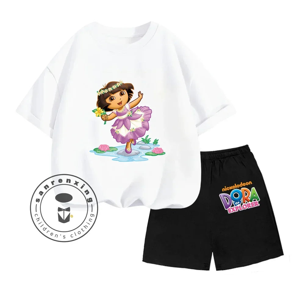 Dora The Explorer Animated Cartoon Print Design Classic O-neck Short Sleeve