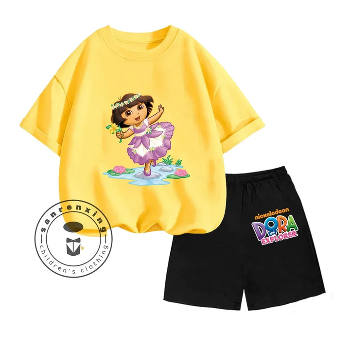 Dora The Explorer Animated Cartoon Print Design Classic O-neck Short Sleeve