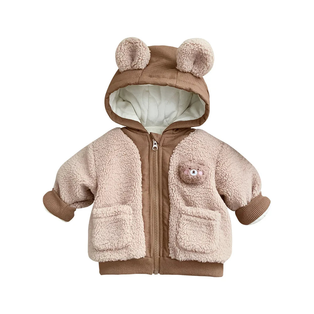 Jacket Cotton Bear Plush Infant Baby Hooded Overcoat Pocket Zipper