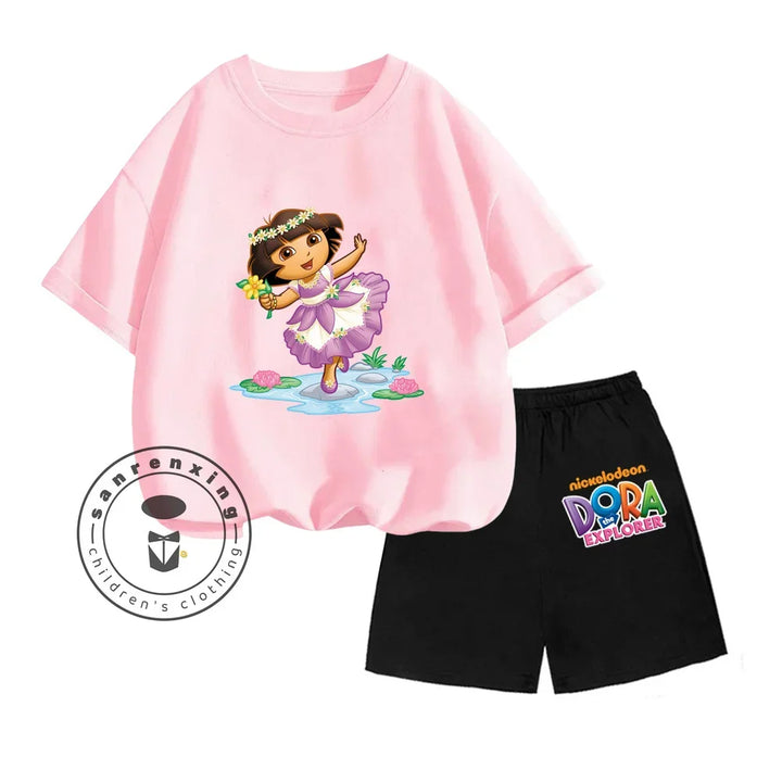 Dora The Explorer Animated Cartoon Print Design Classic O-neck Short Sleeve