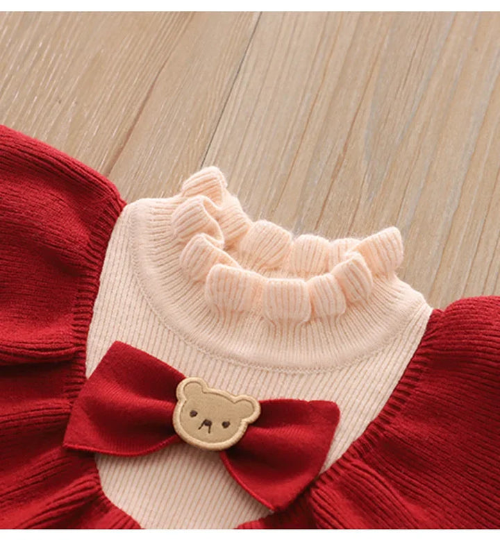 Baby Girl Clothes Knitted Winter Warm Children's Clothes White Lace Top Red Princess Dress Girl One-year-old Christmas Dress