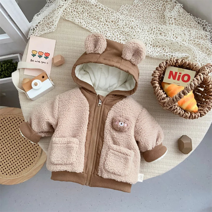 Jacket Cotton Bear Plush Infant Baby Hooded Overcoat Pocket Zipper