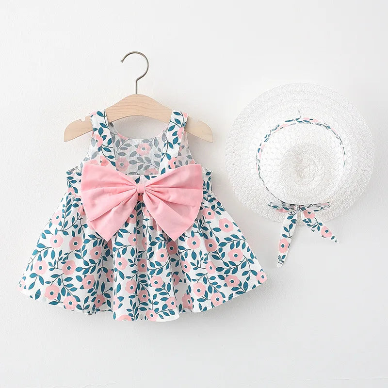 Summer Newborn Baby Clothes Toddler Girl Clothes Cotton Beach Suspender Dress+Sun Hat Princess Dresses2 Pcs