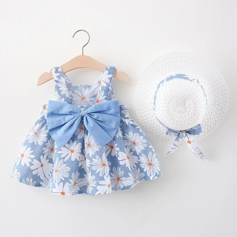 Summer Newborn Baby Clothes Toddler Girl Clothes Cotton Beach Suspender Dress+Sun Hat Princess Dresses2 Pcs