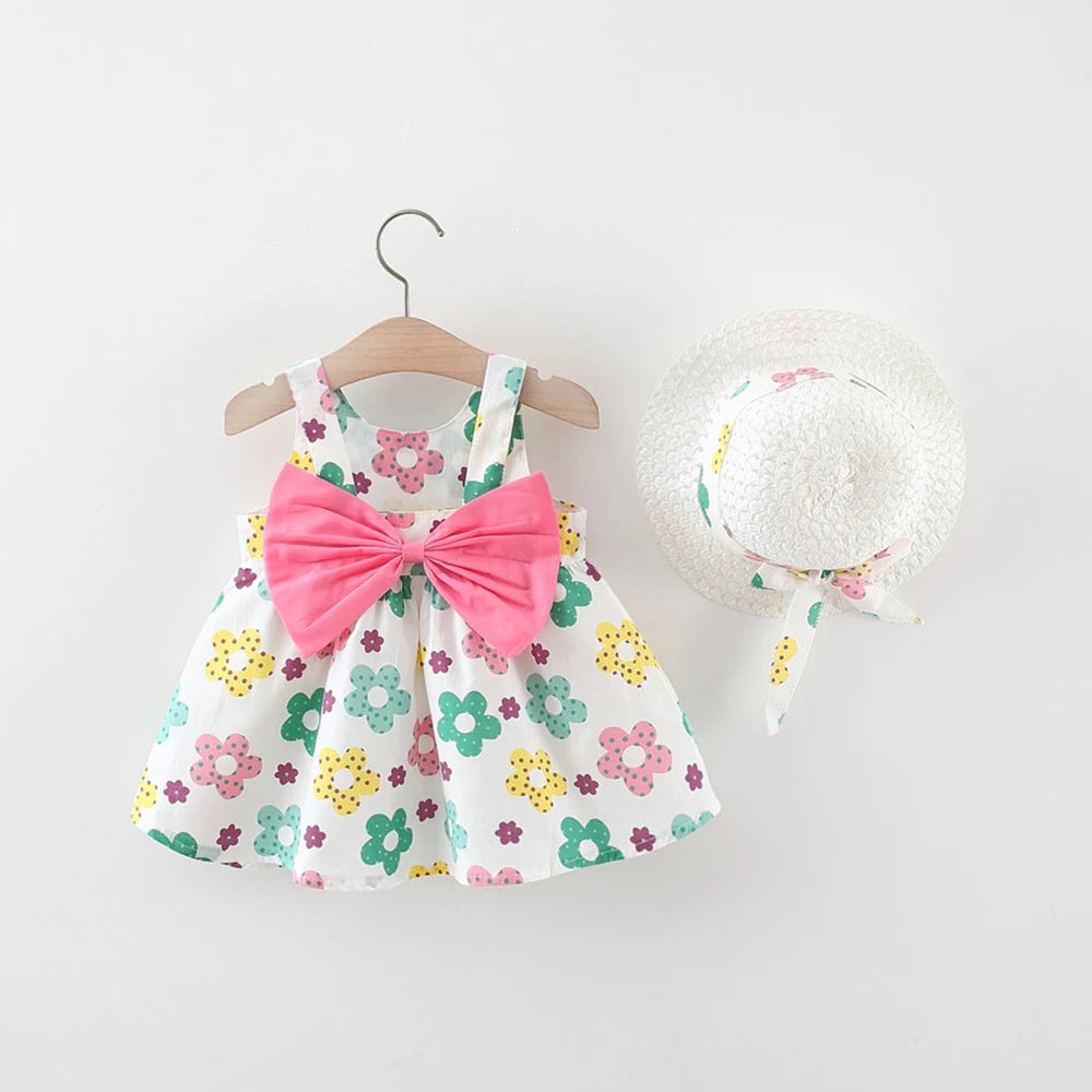 Summer Newborn Baby Clothes Toddler Girl Clothes Cotton Beach Suspender Dress+Sun Hat Princess Dresses2 Pcs