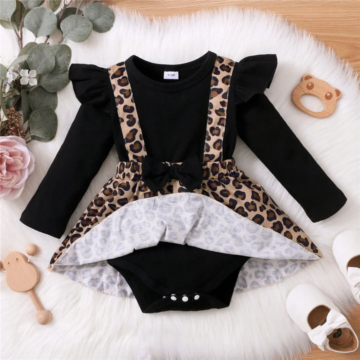 0-18Months Newborn Baby Girl Dress with Bow Long Sleeve Leopard Dresses Onesie Clothing Autumn Infant Fashion Cute Jumpsuit