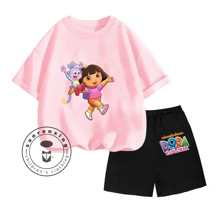 Dora The Explorer Animated Cartoon Print Design Classic O-neck Short Sleeve