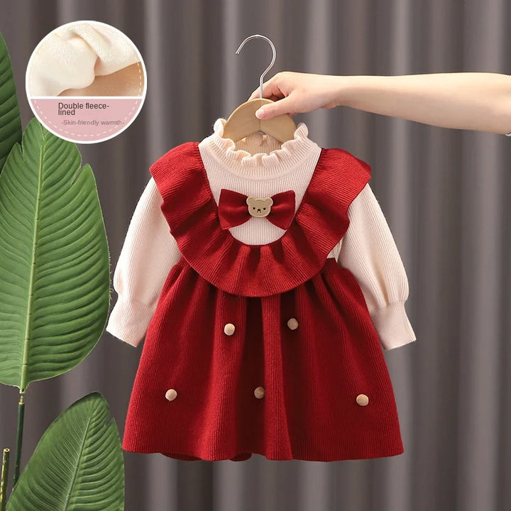 Baby Girl Clothes Knitted Winter Warm Children's Clothes White Lace Top Red Princess Dress Girl One-year-old Christmas Dress